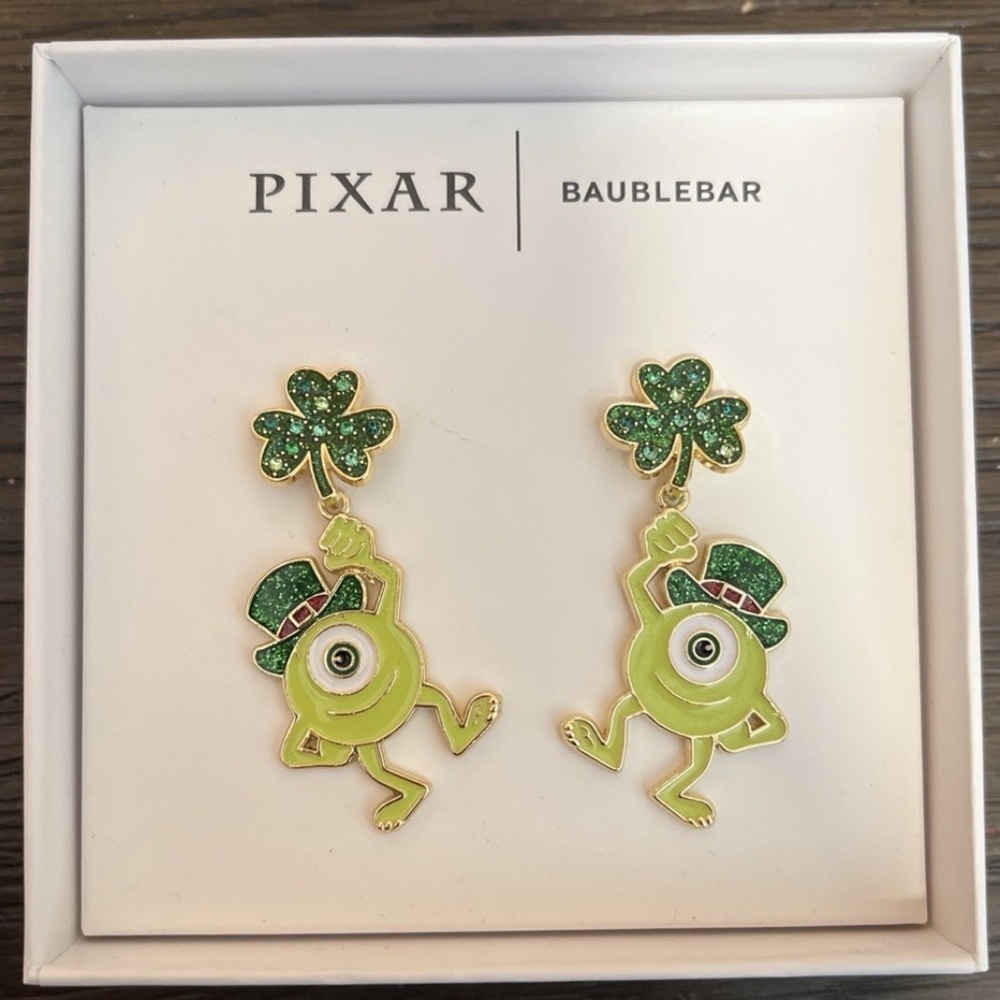 Disney Pixar x Baublebar Collection Mike Wazowski Green Shamrock Dangle Earrings